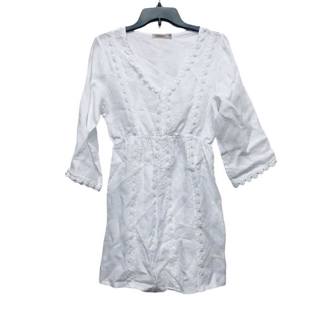 Valentina Naldi 100% Linen White BOHO Embroidered Lace Med Dress Lagenlook Italy